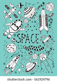 Space doodles objects and hand drawn cartoon set of vector illustration