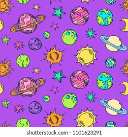 Space doodles pattern. Astronomy background. Cosmic sketches seamless texture. Planets. Moon and stars. Sun. Spaceship. Meteor. Comet. Asteroid. Universe. Galaxy.