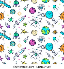 Space doodles pattern. Astronomy background. Cosmic sketches seamless texture. Planets. Moon and stars. Sun. Spaceship. Meteor. Comet. Asteroid. Universe. Galaxy.