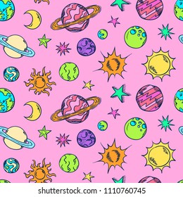 Space doodles pattern. Astronomy background. Cosmic sketches seamless texture. Planets. Moon and stars. Sun. Spaceship. Meteor. Comet. Asteroid. Universe. Galaxy.