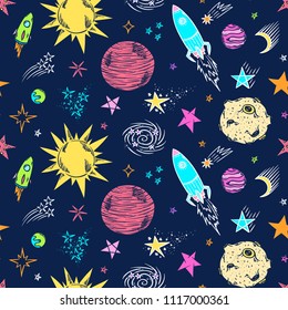 Space doodles pattern. Astronomy background. Cosmic sketches seamless texture. Planets. Moon and stars. Sun. Spaceship. Meteor. Comet. Asteroid. Universe. Galaxy.