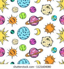 Space doodles pattern. Astronomy background. Cosmic sketches seamless texture. Planets. Moon and stars. Sun. Spaceship. Meteor. Comet. Asteroid. Universe. Galaxy.