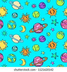 Space doodles pattern. Astronomy background. Cosmic sketches seamless texture. Planets. Moon and stars. Sun. Spaceship. Meteor. Comet. Asteroid. Universe. Galaxy.