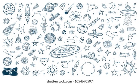 Space doodles set. Astronomy. Cosmic sketches. Zodiac. Planets. Moon and stars. Sun. Spaceship. Meteor. Comet. Alien. Asteroid. Cosmic set. Constellation. Space stickers. Universe scribbles. Galaxy.