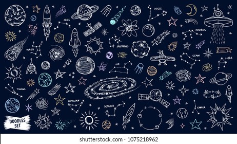 Space doodles set. Astronomy. Cosmic sketches. Zodiac. Planets. Moon and stars. Sun. Spaceship. Meteor. Comet. Alien. Asteroid. Constellation. Universe scribbles. Galaxy collection.