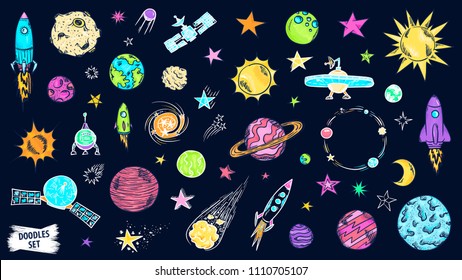 Space doodles set. Astronomy. Cosmic sketches. Zodiac. Planets. Moon and stars. Sun. Spaceship. Meteor. Comet. Alien. Asteroid. Constellation. Universe scribbles. Galaxy collection.