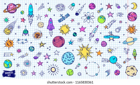 Space doodles set. Astronomy. Cosmic sketches. Zodiac. Planets. Moon and stars. Sun. Spaceship. Meteor. Comet. Alien. Asteroid. Space sketches set. Constellation. Universe scribble. Galaxy collection.