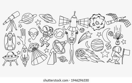 Space doodles set. Astronomy. Cosmic sketches. Zodiac. Planets. Moon and stars. Sun. Spaceship. Meteor. Comet. Alien. Asteroid. Cosmic set. Constellation. Space stickers. Universe scribbles. Galaxy.