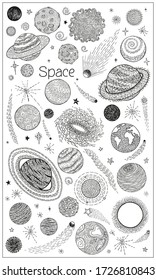 Space doodles set. Sketch space planets, hand drawn.