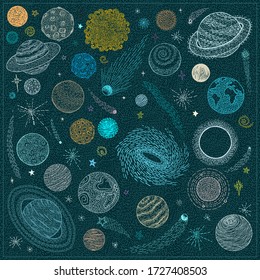 Space doodles set. Sketch space planets, hand drawn.