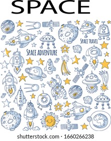 Space doodles sketch collection set, illustration vector, space adventure pattern background, can be used as wallpaper, can be used as a print, comet and sky vector