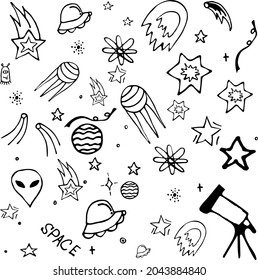 Space doodles. Space sketches. Meteora. Comets. Constellations. Space for stickers. Galaxy. 