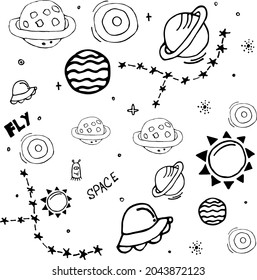 Space doodles. Space sketches. Planets. Constellations. Space for stickers. Galaxy. 