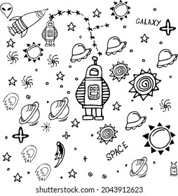 Space doodles. Space sketches. Spaceship. Stars. Comets. Space for stickers. Galaxy. 