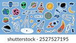 Space doodles stickers, kids cartoon elements, clipart for posters, stationery, clothing, planners, cards, sublimation, prints, etc. EPS 10