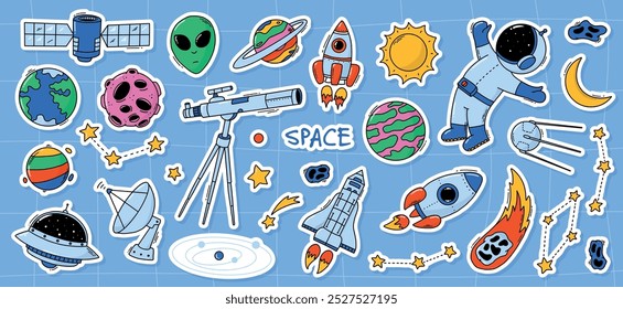 Space doodles stickers, kids cartoon elements, clipart for posters, stationery, clothing, planners, cards, sublimation, prints, etc. EPS 10