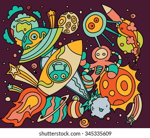 Space doodles. Ufos, planets, rockets, comets and aliens. Vector cartoon illustration