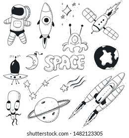 Space doodles vector sketch icons set isolated on a white background.