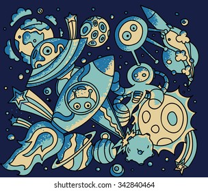 Space doodles.Ufos, planets, rockets and aliens. Vector cartoon illustration