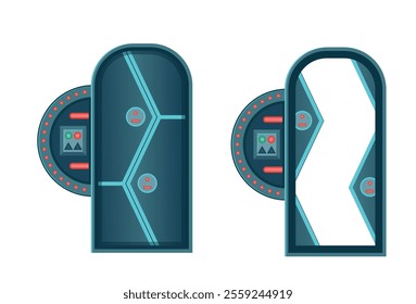 Space door. Open and closed space door with neon buttons. Vector