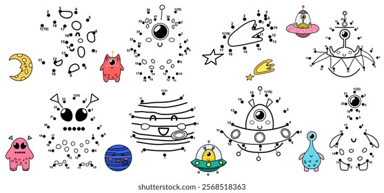 Space dot to dot mini games bundle. Connect the dots and draw funny characters. Educational activity pages set for kids. Vector illustration