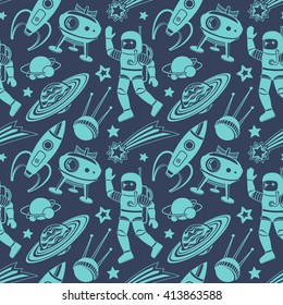 Space Drawing Pattern with Astronaut, Rocket, Planets and Satellite in Cartoon Style