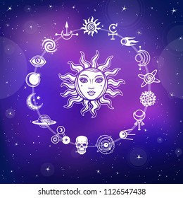 Space drawing: the sun with a human face, set of mystical icons. Background - the night star sky. Esoteric, mysticism, occultism.  Print, poster, t-shirt, card. Vector illustration.