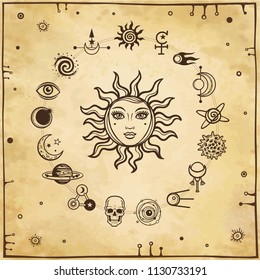  Space drawing: the sun with a human face, set of mystical icons. Background - imitation of old paper. Esoteric, mysticism, occultism. Print, poster, t-shirt, card. Vector illustration