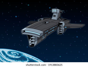 Space dreadnought prepares for planetary siege and bombardment. Deep space exploration vessel arrives in unknown solar system. Cartoon sci-fi vector adventure.