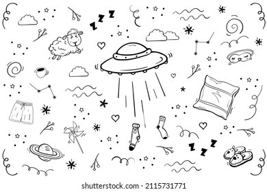 Space dream collection with planets, unidentified flying object, sleep accessories animal slippers, pillow and pajama. Time of sleep and relax, Coloring Bundle Cozy set