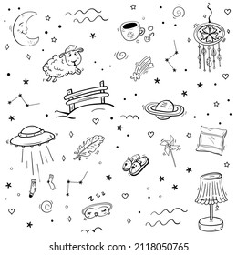 Space dream collection with planets, unidentified flying object, sleep accessories animal slippers, pillow and pajama. Time of sleep and relax, Coloring Bundle Cozy set