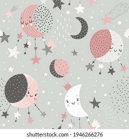 Space Dreams childish cute seamless hand drawn pattern with moons and stars. Vector illustration.