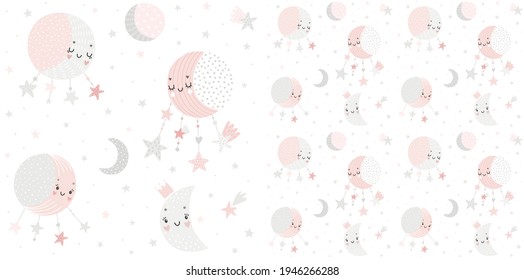 Space Dreams childish cute seamless hand drawn pattern with moons and stars. Vector illustration.