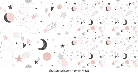 Space Dreams childish seamless hand drawn pattern with moon and stars. Vector illustration.