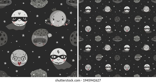 Space Dreams childish seamless hand drawn pattern with super hero planets. Vector illustration.