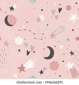 Space Dreams childish seamless hand drawn pattern with moon and stars. Vector illustration.