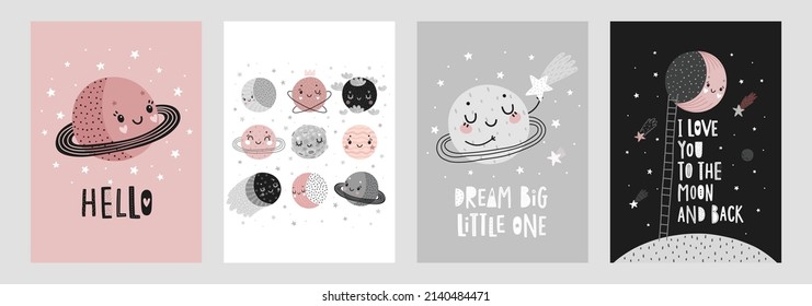 Space Dreams prints, childish hand drawn cards with moon, stars and planets. Vector illustration.