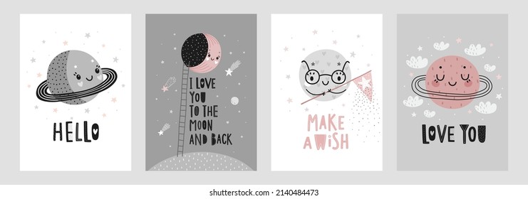 Space Dreams prints, childish hand drawn cards with moon, stars and planets. Vector illustration.