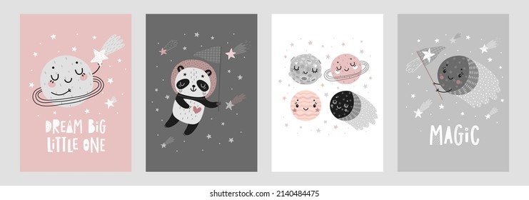 Space Dreams prints, childish hand drawn cards with moon, stars and planets. Vector illustration.