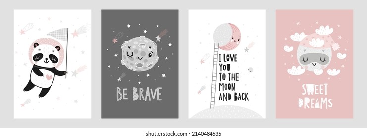 Space Dreams prints, childish hand drawn cards with moon, stars and planets. Vector illustration.