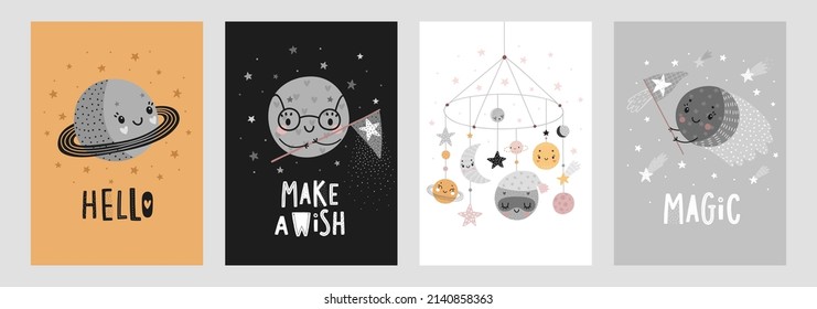 Space Dreams prints, childish hand drawn cards with moon, stars and planets. Vector illustration.