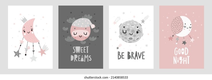 Space Dreams prints, childish hand drawn cards with moon, stars and planets. Vector illustration.