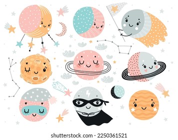 Space Dreams prints, childish hand drawn cards with moon, stars and planets. Vector illustration.