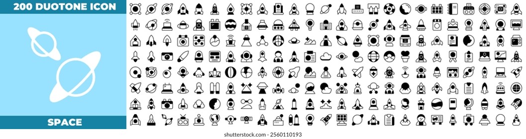 Space Duotone Editable Icons set. Vector illustration in modern thin duotone style of space icons: space, satellite, astronaut, etc