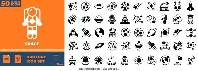 Space Duotone Editable Icons set. Vector illustration in modern thin duotone style of space icons: astronaut, astronomy, planet, etc