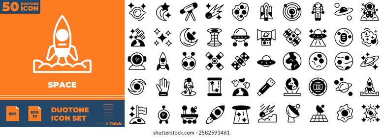 Space Duotone Editable Icons set. Vector illustration in modern thin duotone style of space icons: astronaut, sun, star, etc