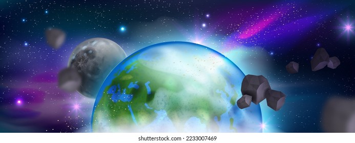 Space Earth cosmic rocks background, alien planets, vector galaxy universe cartoon game banner. Fantasy neon astronomy illustration, purple futuristic wallpaper, night sky. Space background