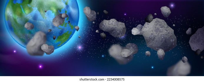 Space Earth cosmic rocks cartoon game background, alien planets, vector galaxy universe banner. Fantasy neon astronomy illustration, night sky, purple futuristic wallpaper. Space background