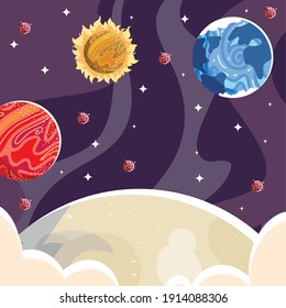 space earth mars planet moon sun and asteroids exploration vector illustration