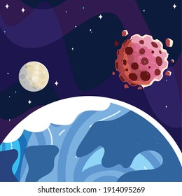 space earth planet moon and asteroids starry sky vector illustration
